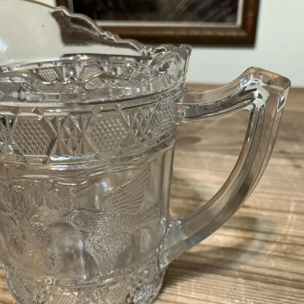 Antique EAPG Indiana Glass Footed Bowl + Creamer Set Birds Strawberries Pattern
